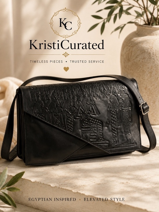 Handbags - Artisan Black Leather Egyptian Hand-Tooled Embossed Crossbody Bag